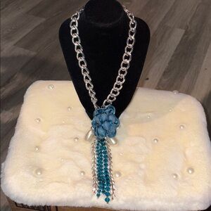 Blue Floral Pendant Necklace with Silver Accents